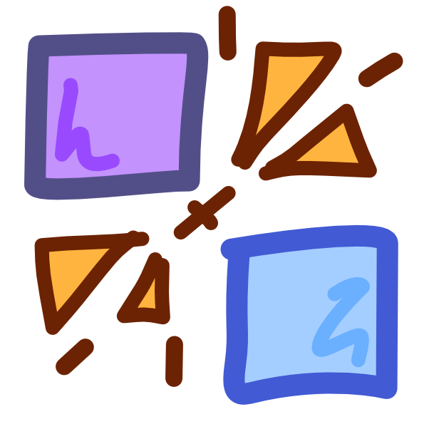 A purple square sits in the top left corner of the image, a blue square the bottom right. Between them are some yellow emphasis marks and a small vertical line between them with a second shorter line crossing said small line perpendicularly. This image has dark line art.